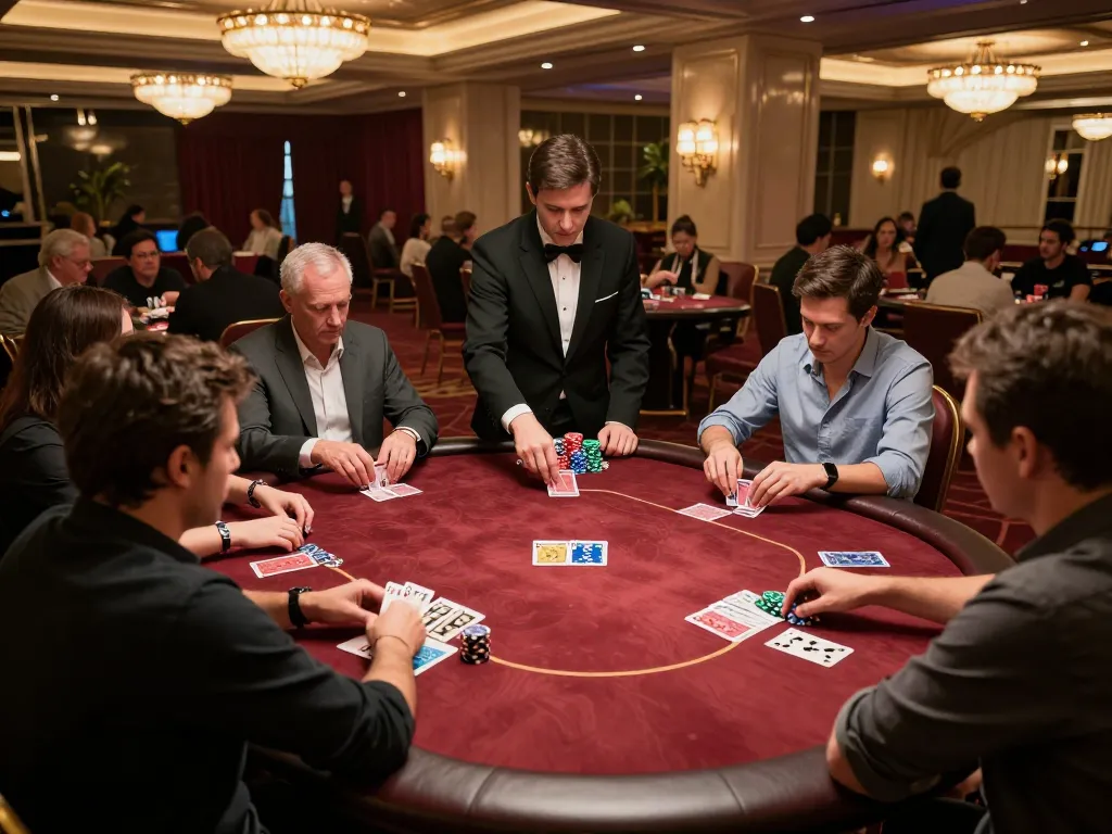 Players engaging in a high-stakes poker game at MM88 casino, showcasing strategic gameplay and an elegant atmosphere.