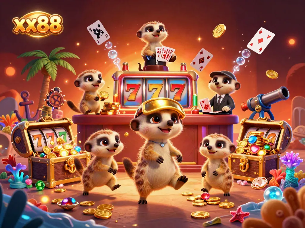 Immerse in the vibrant scene of meerkats operating a lively casino at xx88, surrounded by treasures and gaming elements.