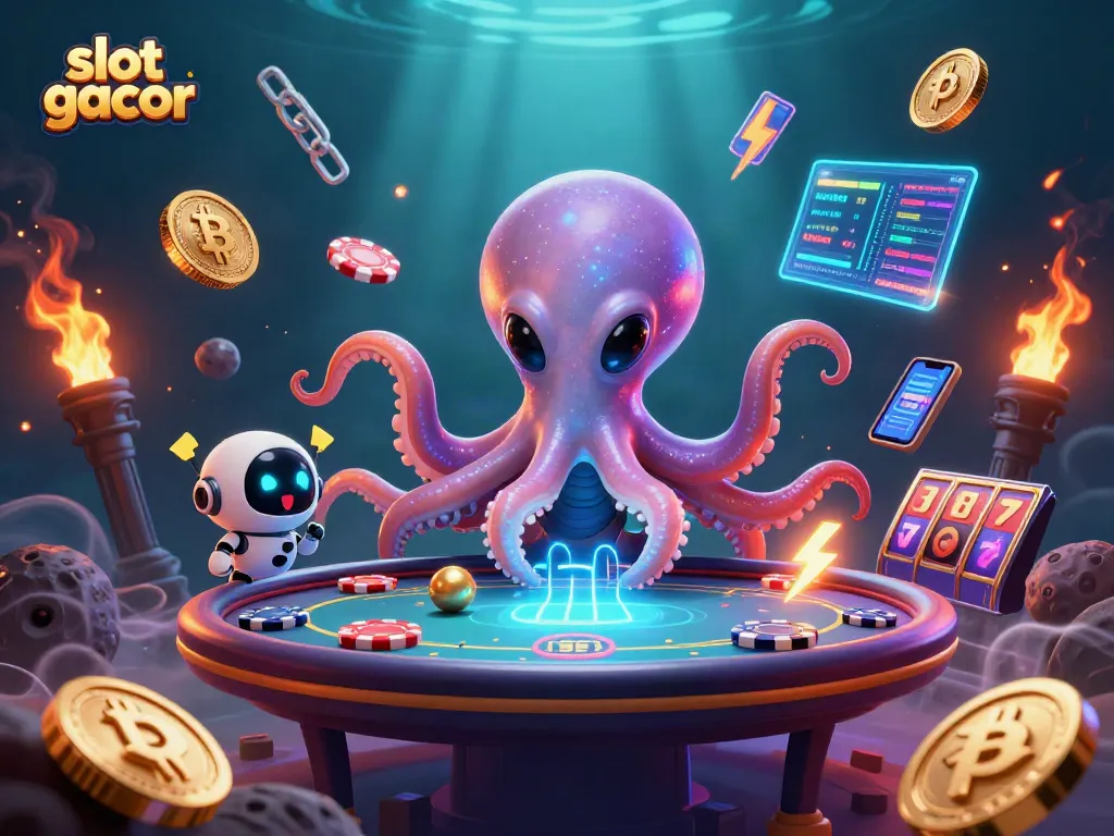 Experience thrilling slot gacor action as a cartoon octopus plays poker amidst Bitcoin and Ethereum