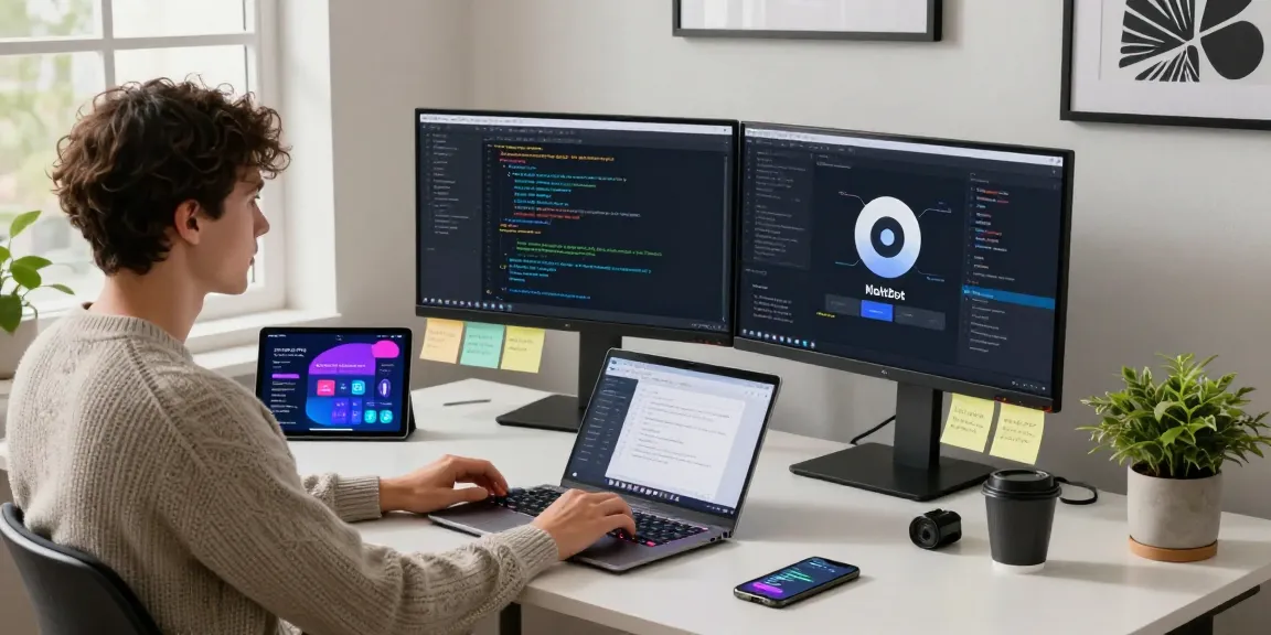 MoltBot workspace featuring a developer coding dual monitors with live integration, coffee, and plant.