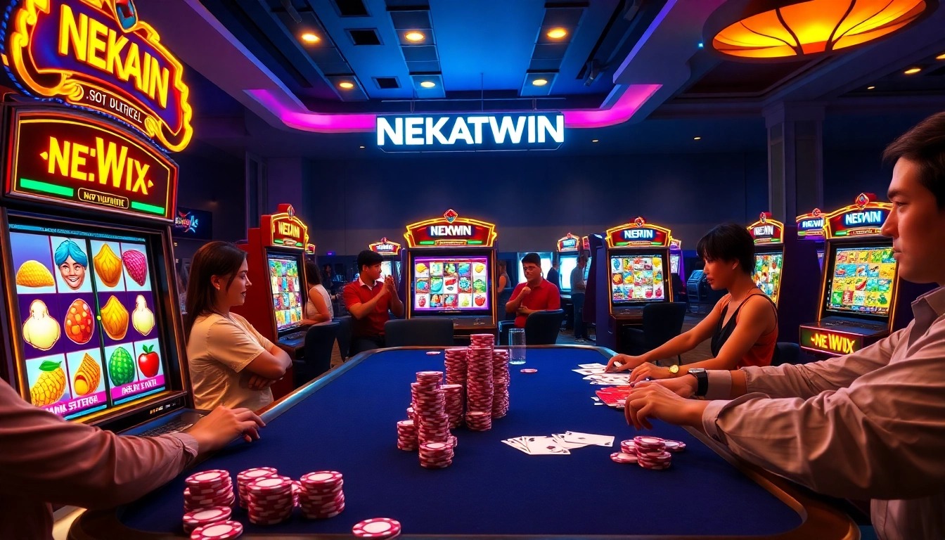 Experience NEKATWIN excitement with vibrant scatter symbols on slot machines and enthusiastic players.