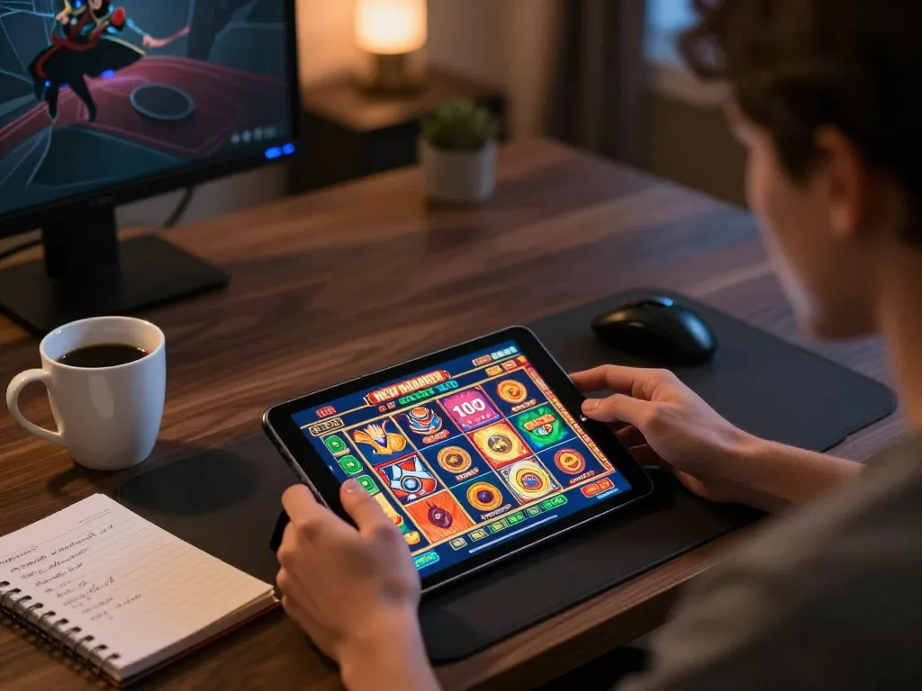 Playing online slots from home with bonus new member 100 offer visible on screen.