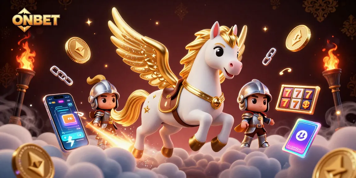 Experience thrilling gameplay at ONBET with a celestial white horse and a cute knight in a dazzling casino scene.