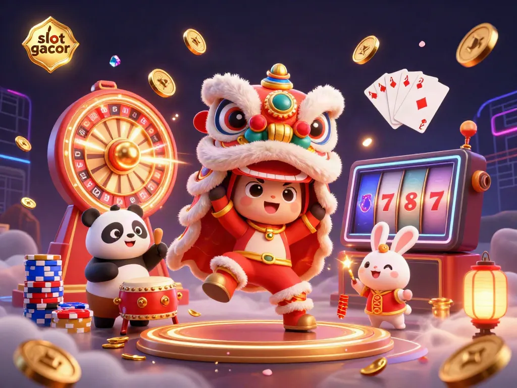 Experience the excitement of slot gacor with a lively lion dance scene filled with golden coins and vibrant colors.