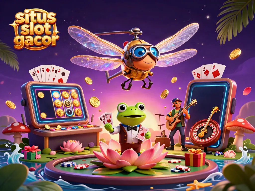 Gambarkan situs slot gacor dengan karakter kartun 3D dan elemen kasino interaktif.