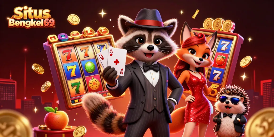 Engage with exciting gameplay at Situs Bengkel69 featuring dynamic slot reels, jackpot counters, and vibrant characters.