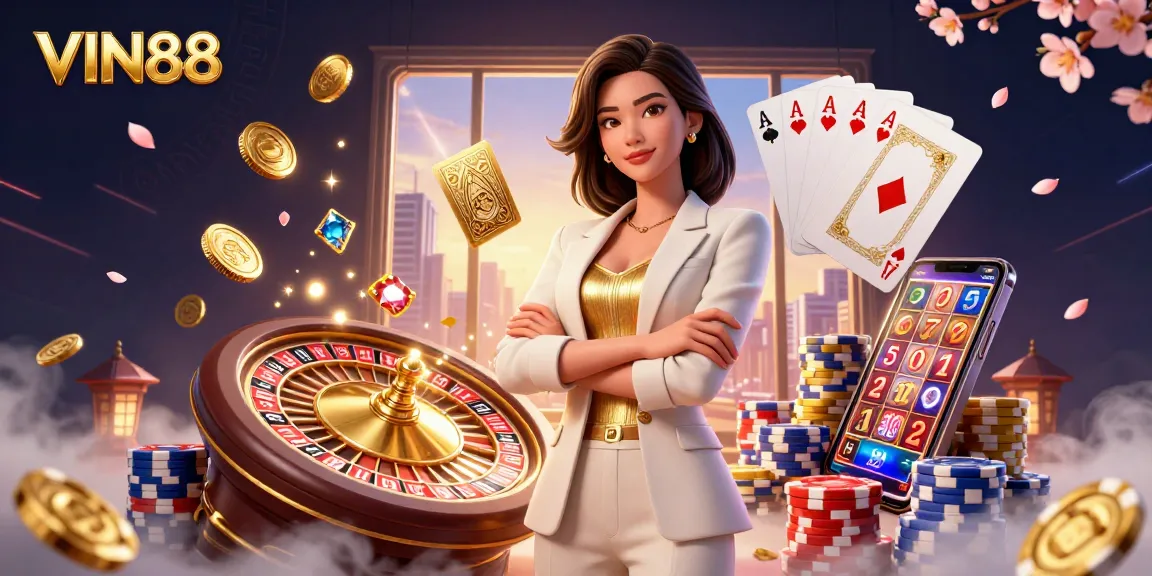 Experience exciting gameplay with VIN88, featuring a glamorous woman in a casino-filled environment.