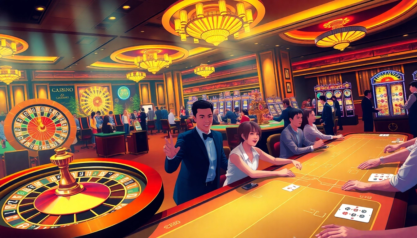 Players enjoying a thrilling game at 13Win’s luxurious casino tables with vibrant atmospheres.