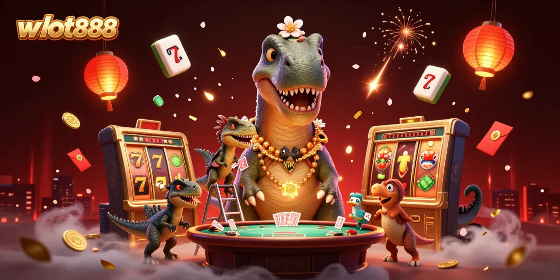 Menggandakan keseruan taruhan di wslot888 dengan brontosaurus 3D yang mengawasi permainan kartu dan simbol perjudian yang berkilau.