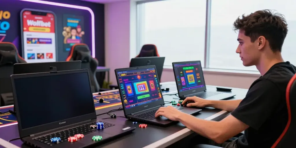 Exciting online gaming setup showcasing Wolfbet Promotions Page with vibrant graphics and casino elements.