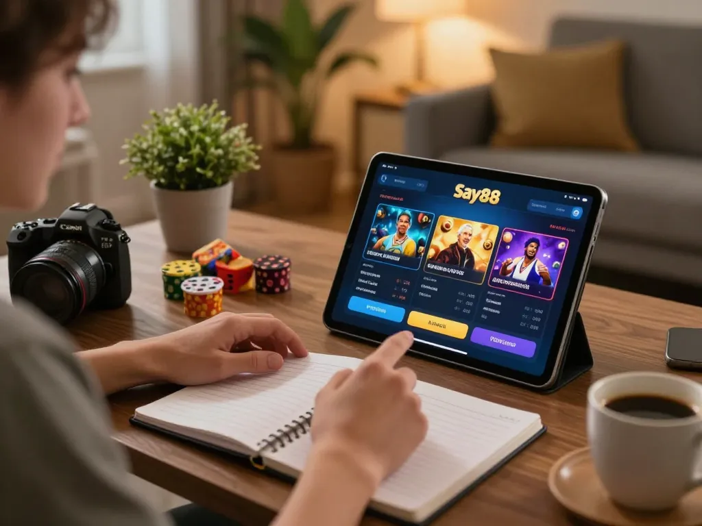 Player enjoying Say88 online gaming on tablet in a cozy home setting