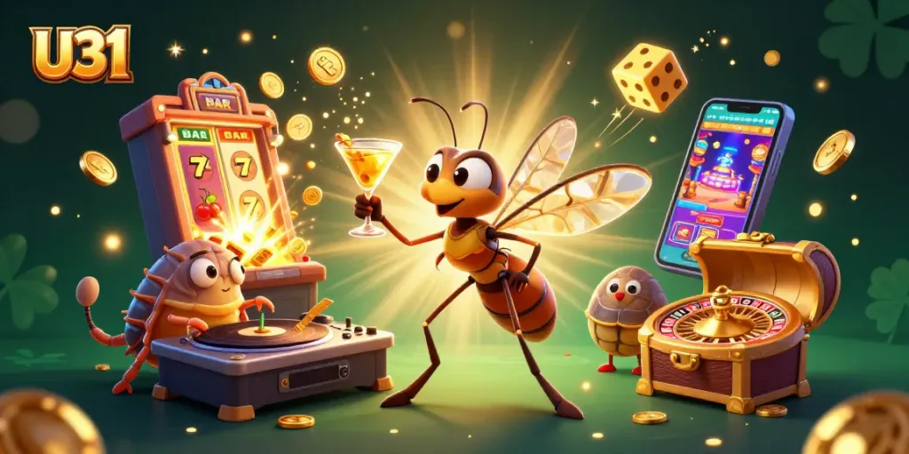 Experience U31's captivating casino scene with an amber mosquito mascot and thrilling game elements.