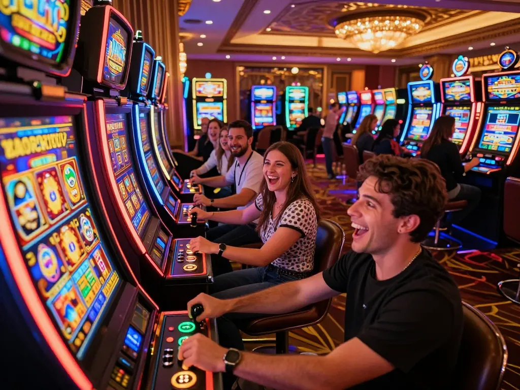 Player celebrating a big win on a link slot machine in a vibrant casino environment.