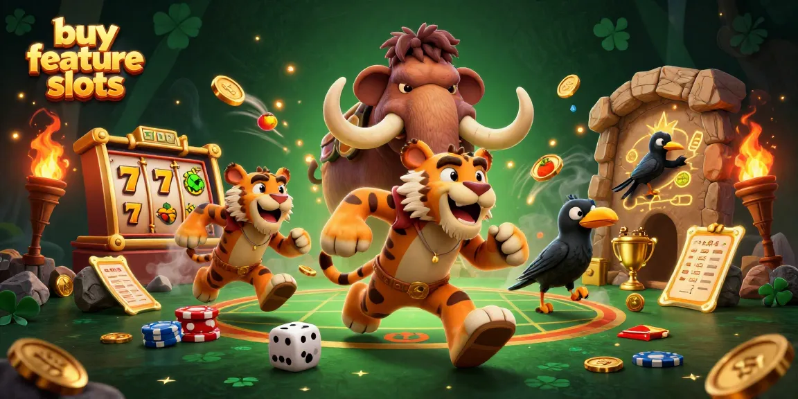Engage with buy feature slots in an exciting prehistorically themed casino featuring vivid characters and elements.