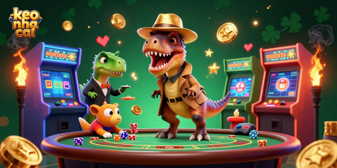 Engage with the vibrant keo nha cai scene featuring a velociraptor card counter at the blackjack table amidst colorful casino elements.