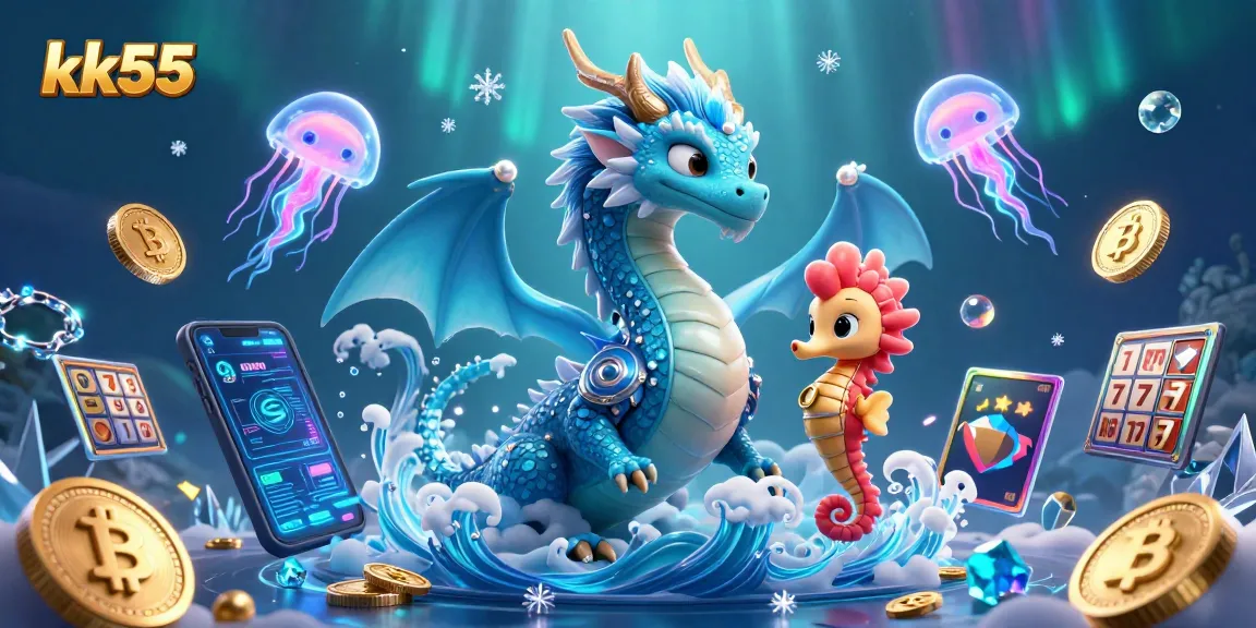 Experience thrilling gameplay with kk55 as the azure dragon, seahorse knight, and glowing jellyfish surround Bitcoin and Ethereum coins.