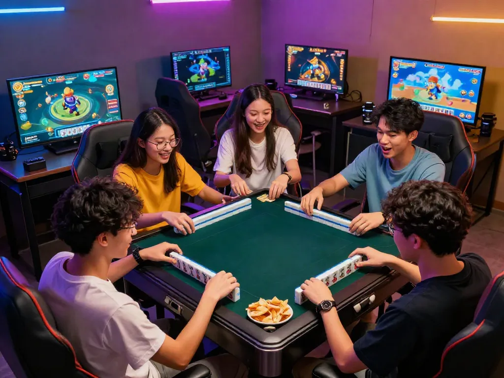Pengguna MESINMPO menikmati permainan Mahjong Ways 2 di ruang gaming yang ceria.
