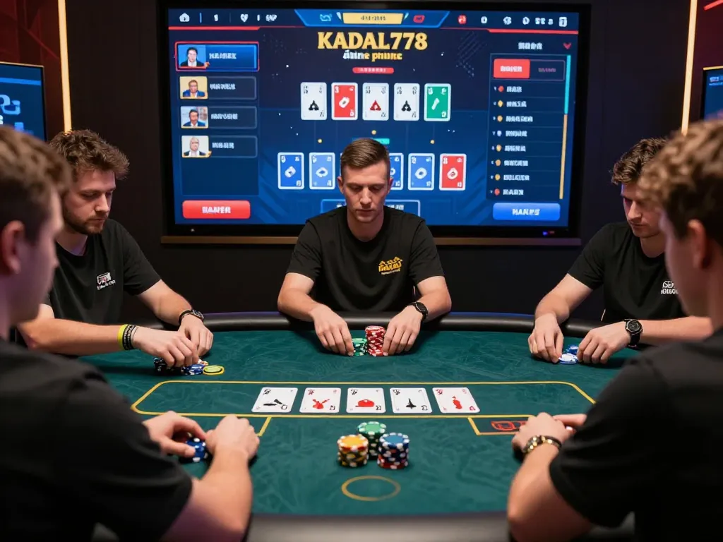KADAL778 players engaged in strategic poker gameplay, analyzing hands and betting on an advanced gaming interface.