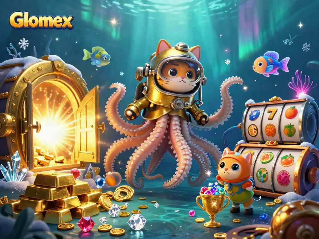 Experience Glomex's thrilling casino adventure with a kraken and diving cat amidst dazzling treasure and slot reels.
