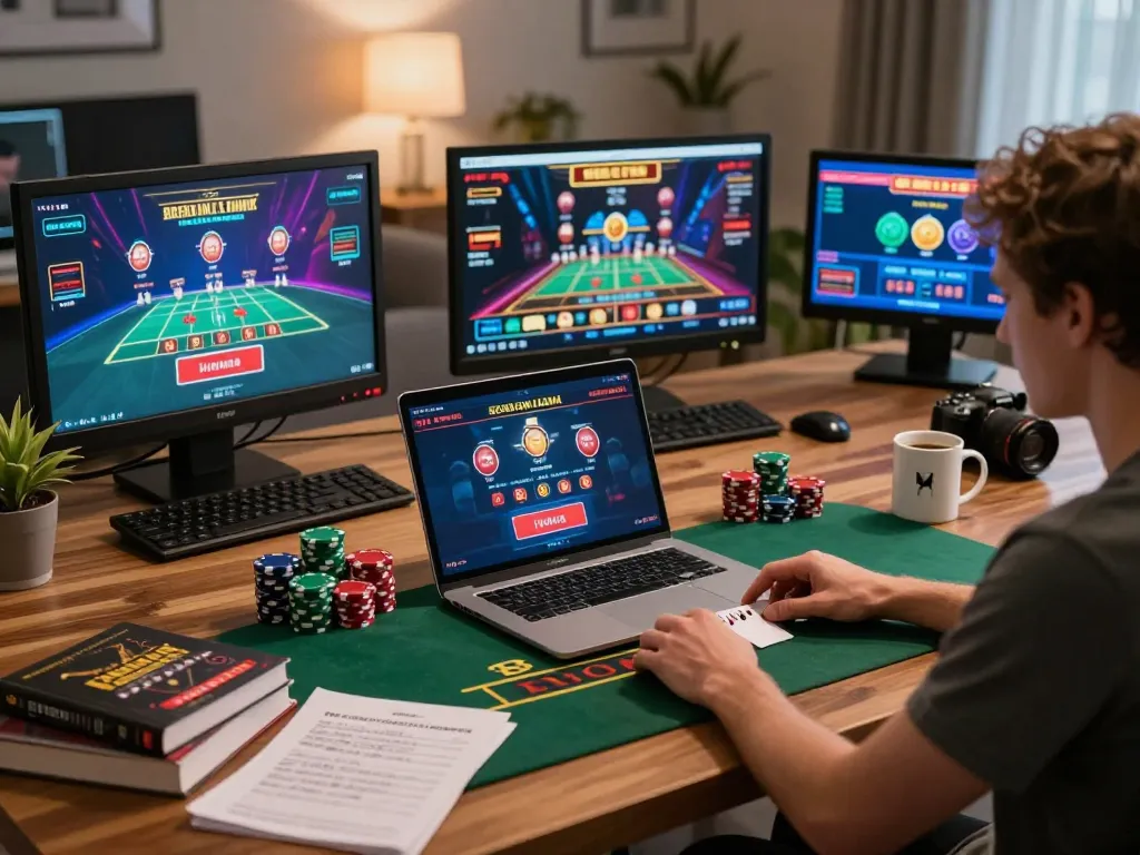 Player strategizing for MM 99 blackjack on a laptop with live dealer, cozy home setup.