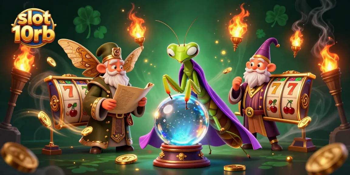 Engage with slot 10rb as a 3D cartoon praying mantis fortune teller reveals winning secrets in a vibrant casino scene.