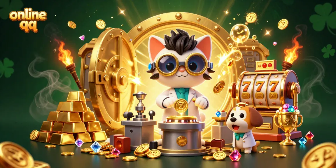Engage in thrilling gameplay on online qq with dynamic visuals of a cartoon mad scientist and dog in a casino-themed lab.