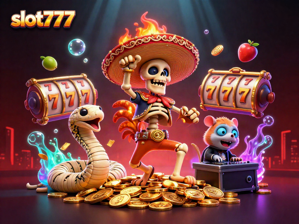 Engage with slot777, featuring a vibrant scene of a skeleton mariachi rooster, lucky symbols, and a lively DJ.