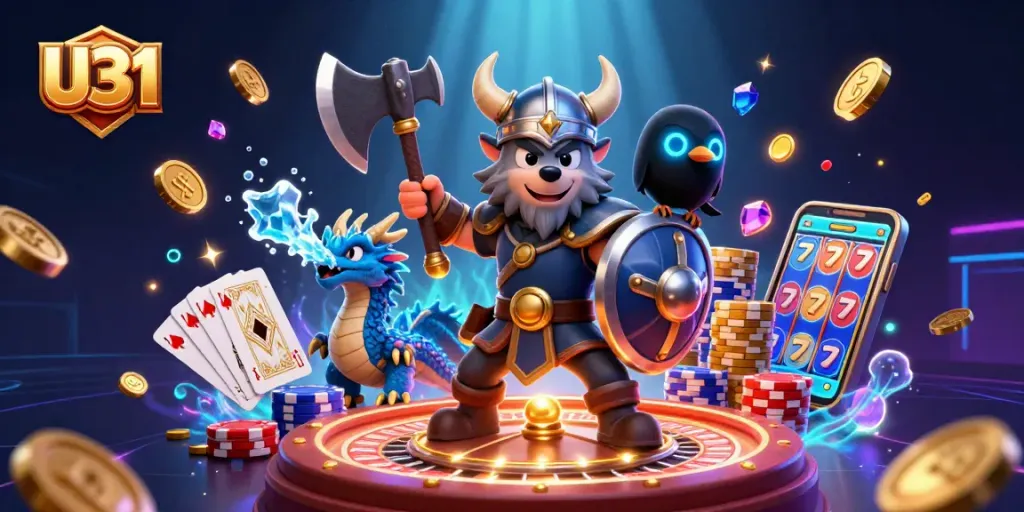 Spin to win at U31, featuring the Viking wolf warrior amid vibrant coins and poker chips.