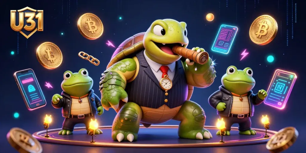 Spin and win at U31 casino with the vibrant cartoon turtle and bullfrogs in action.