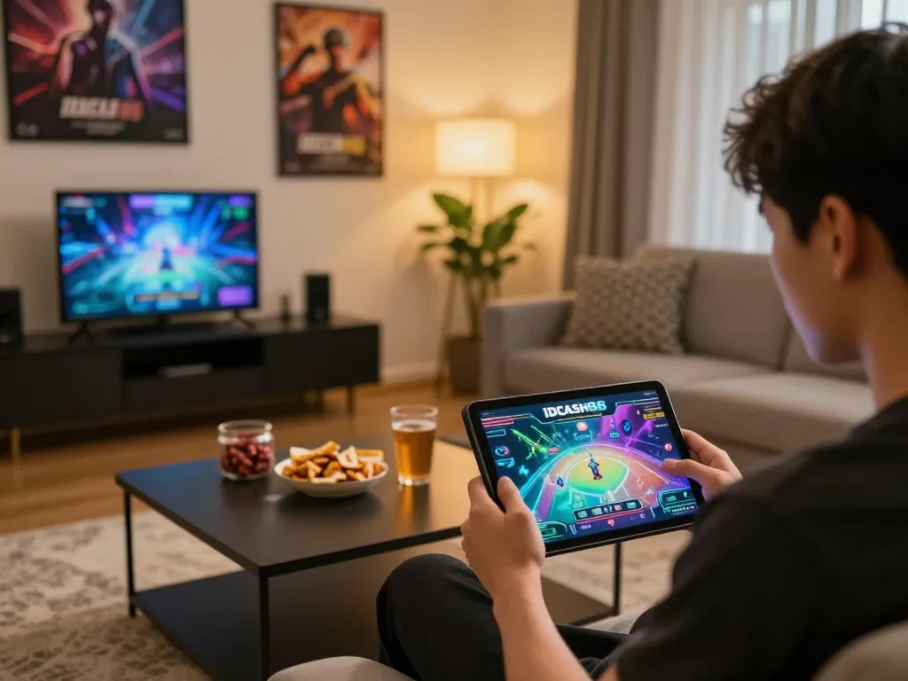 Engaging gameplay on IDCASH88 revealed on a tablet in a cozy home setting with snacks.