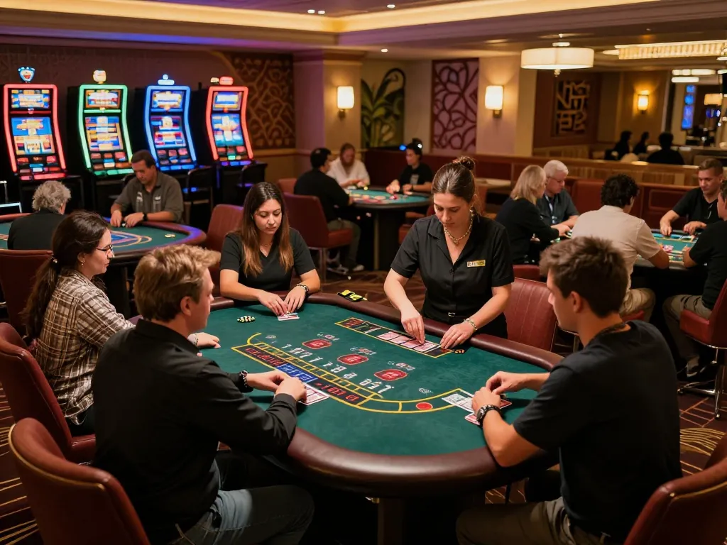Experience the thrill of Live Casino gameplay with players engaged at blackjack tables in a vibrant atmosphere.