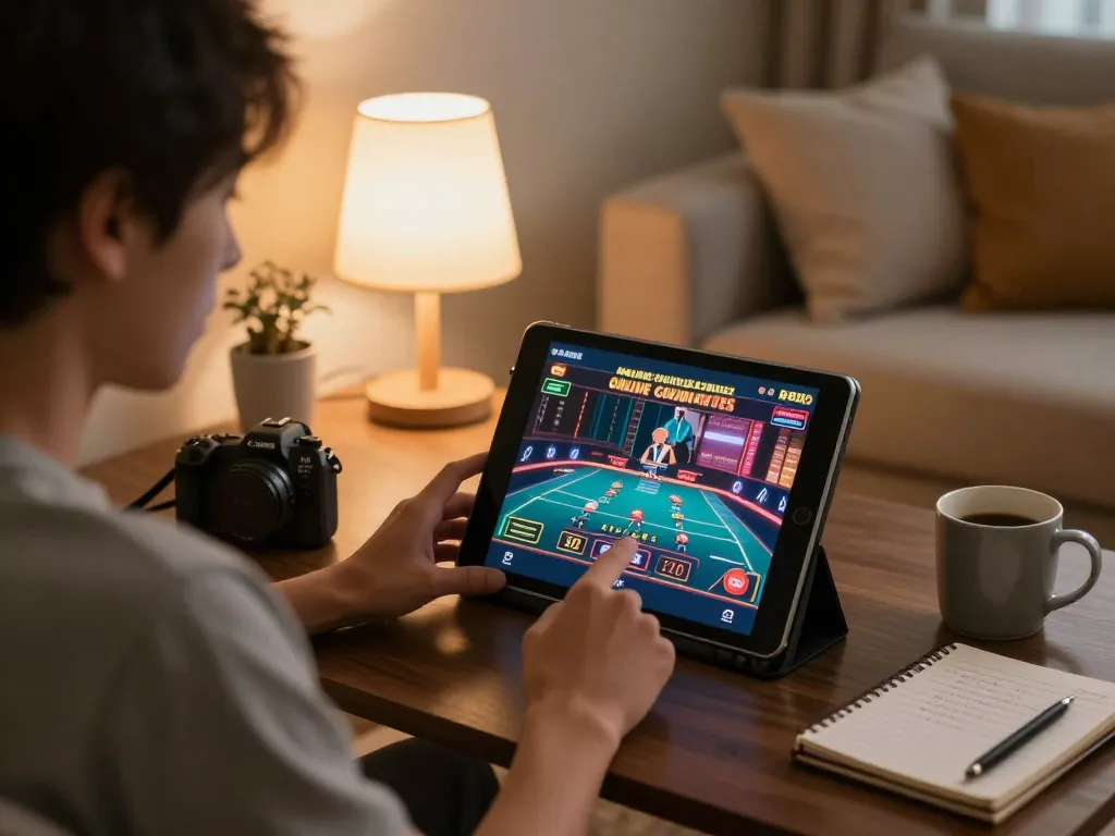 Player engaging with ko66 online casino on a tablet in a cozy home setting