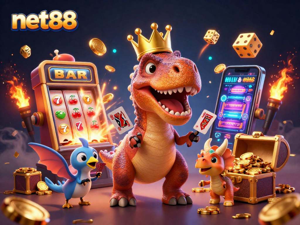 Experience exciting wins at net88 with playful dinosaurs in a vibrant casino environment.