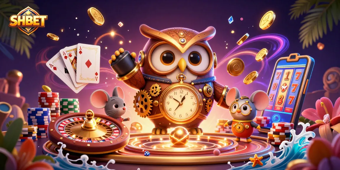 SHBET offers thrilling casino experiences as coins and cards fly around a time-traveler owl illustration.