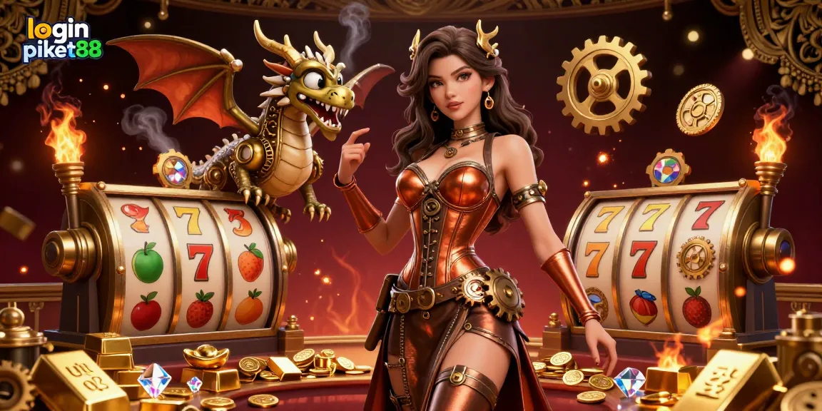 Experience the excitement of login piket88 with a rich visual of a casino scene featuring slot reels and treasure, enhancing your gaming journey.