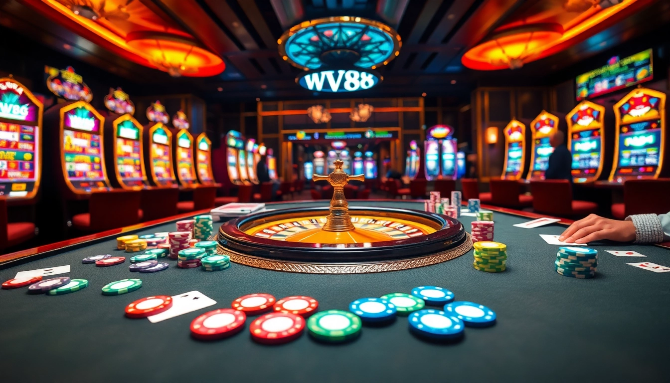 Engaging scene of a WW88 casino table with vibrant poker chips and roulette wheel.