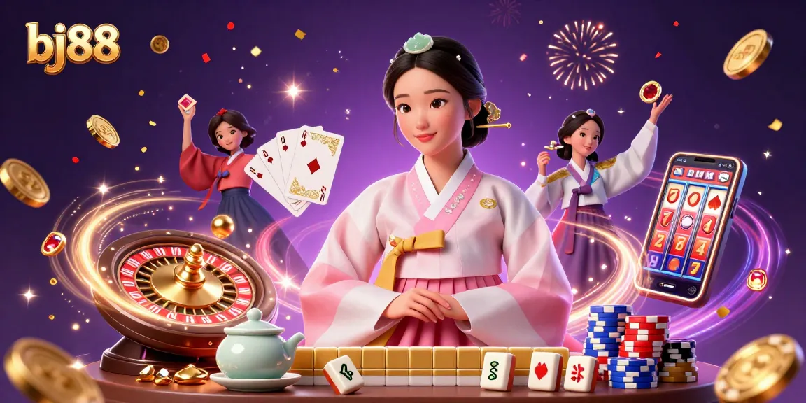 Experience the thrill at bj88; vibrant casino scene showcasing games, coins, and lucky symbols.