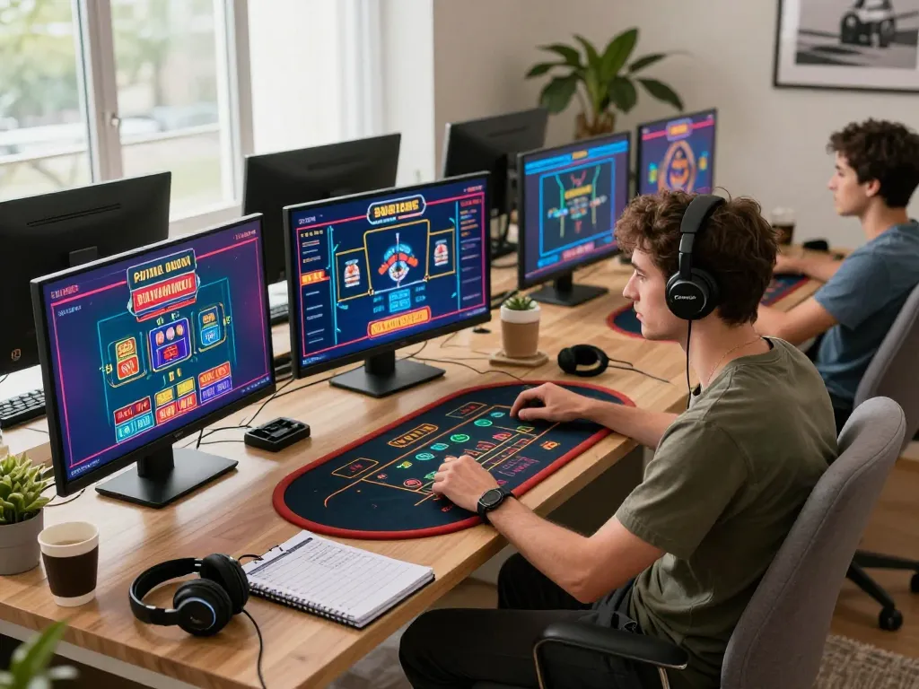 Engaging in online casino gaming at taixiusunwin.art with multiple screens and strategic betting setup.