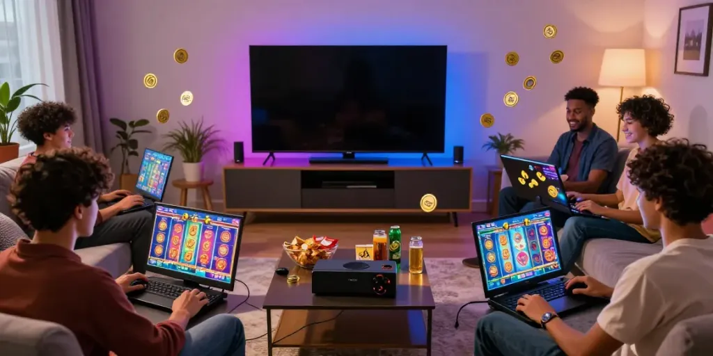 Excited players engaging in a SLOT TOTO online gaming session in a vibrant living room.