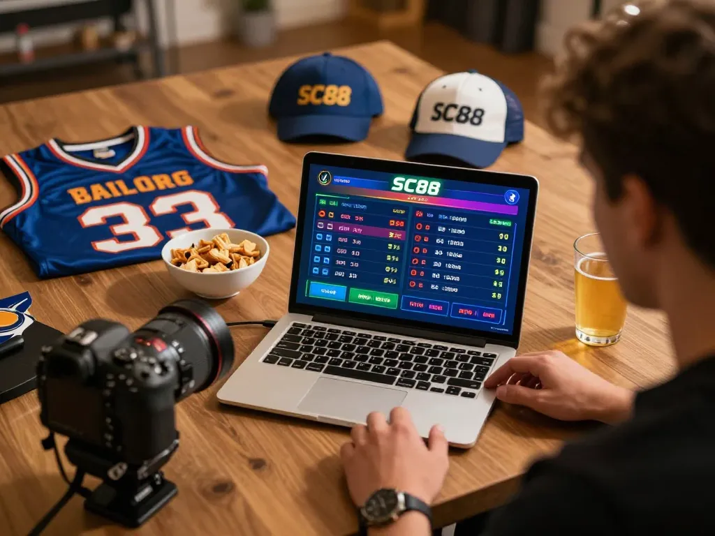 Engaging in sports betting with SC88 odds displayed on a laptop in a cozy home setting.