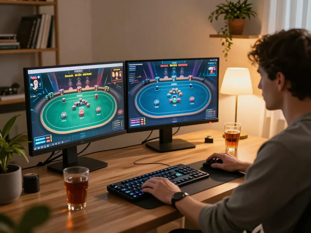 Menampilkan permainan poker online yang menarik dalam pengaturan yang nyaman, menunjukkan pengalaman login dasi4d dengan fokus strategis.