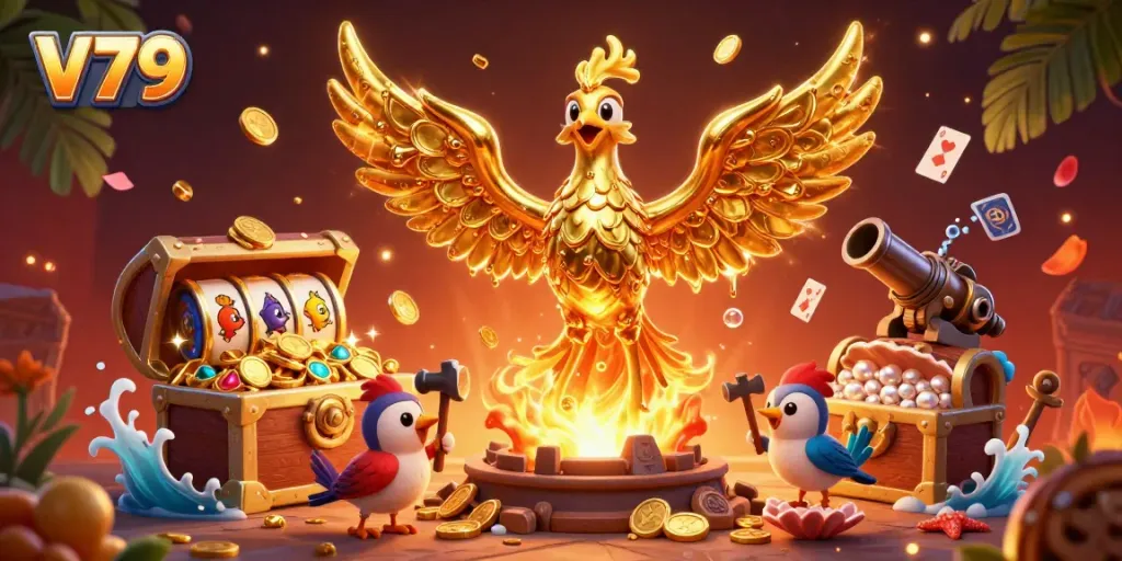 Experience V79 slot games with vibrant floating golden phoenix and treasure-filled atmosphere.