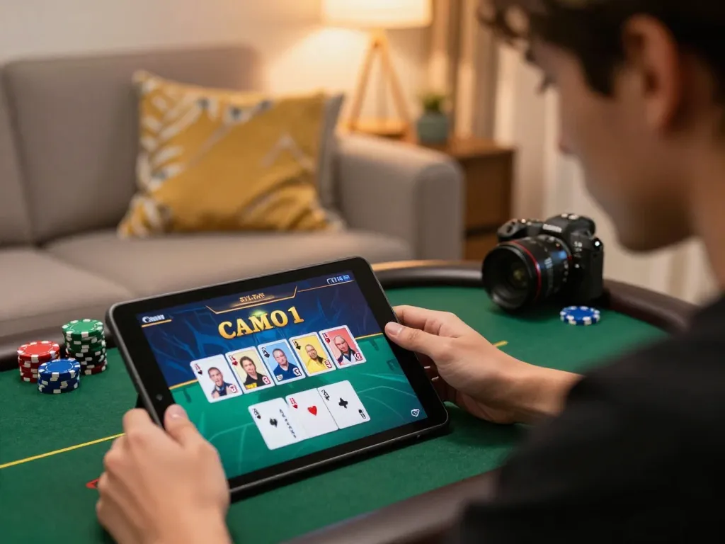 CM88 user engaged in online poker gameplay on a tablet at home