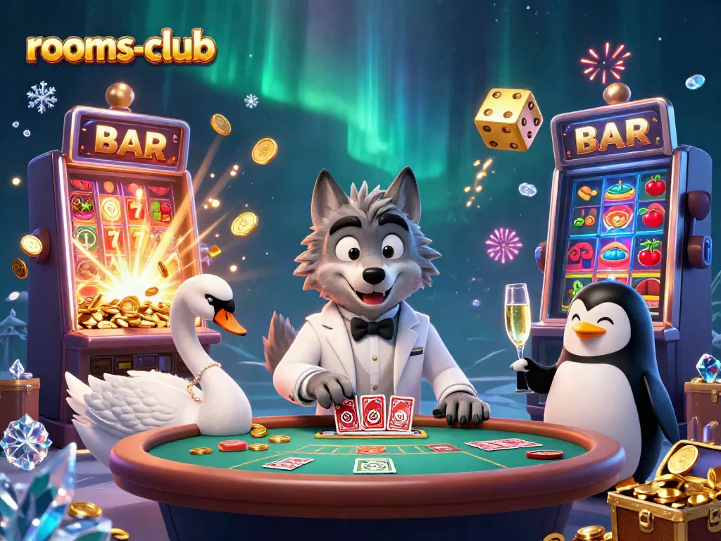 Menyaksikan permainan live casino di rooms-club dengan karakter kasino kartun dan jackpot mulai meledak.
