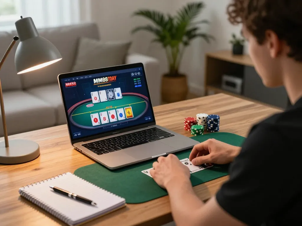 Playing online poker on MM88 TODAY platform in a cozy living room setting.