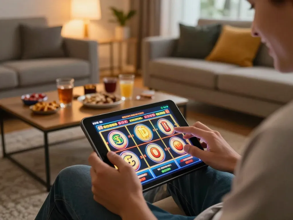 Player engaging with an online slot game on a tablet within a cozy home environment, showcasing the excitement of 789win.