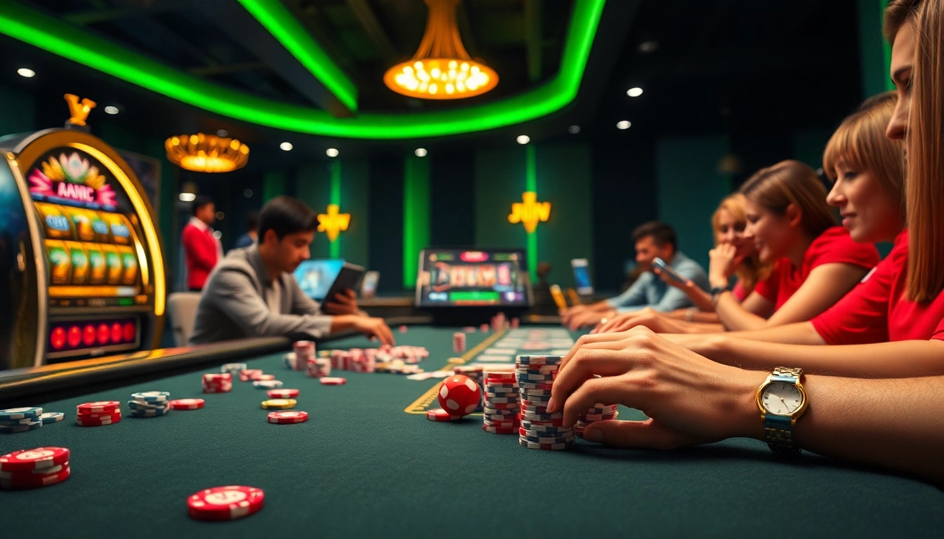 Players engaging in a thrilling game at Jun 88 casino with colorful chips, cards, and modern devices.