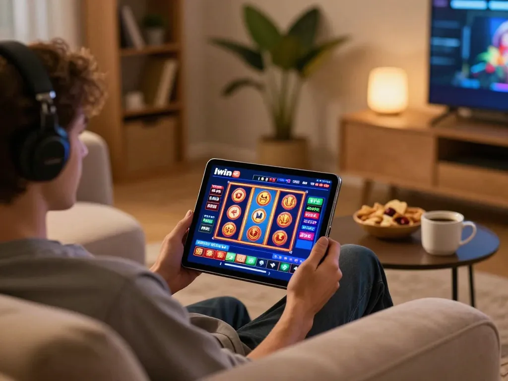 Iwin casino app displayed on a tablet during a cozy gaming session