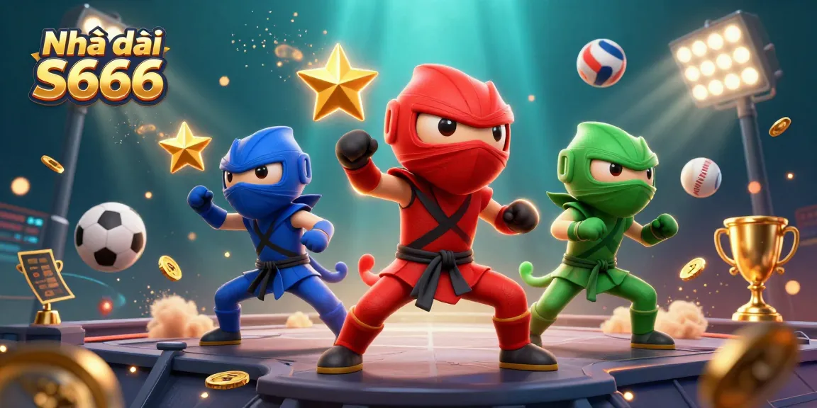 Engage in exciting games at Nhà cái S666 with dynamic visuals showcasing chameleon ninjas and vibrant sports elements.