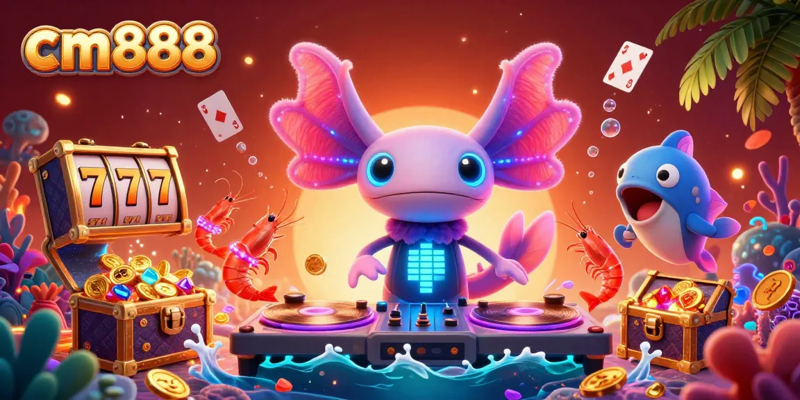 Experience thrilling gameplay with cm888, featuring a neon axolotl DJ spinning winning slot reels amidst colorful gems and underwater treasures.
